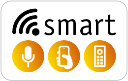 Smart-Icon mit Sprachsteuerung, Smartphone und Fernbedienung Symbolen in Orange und Schwarz