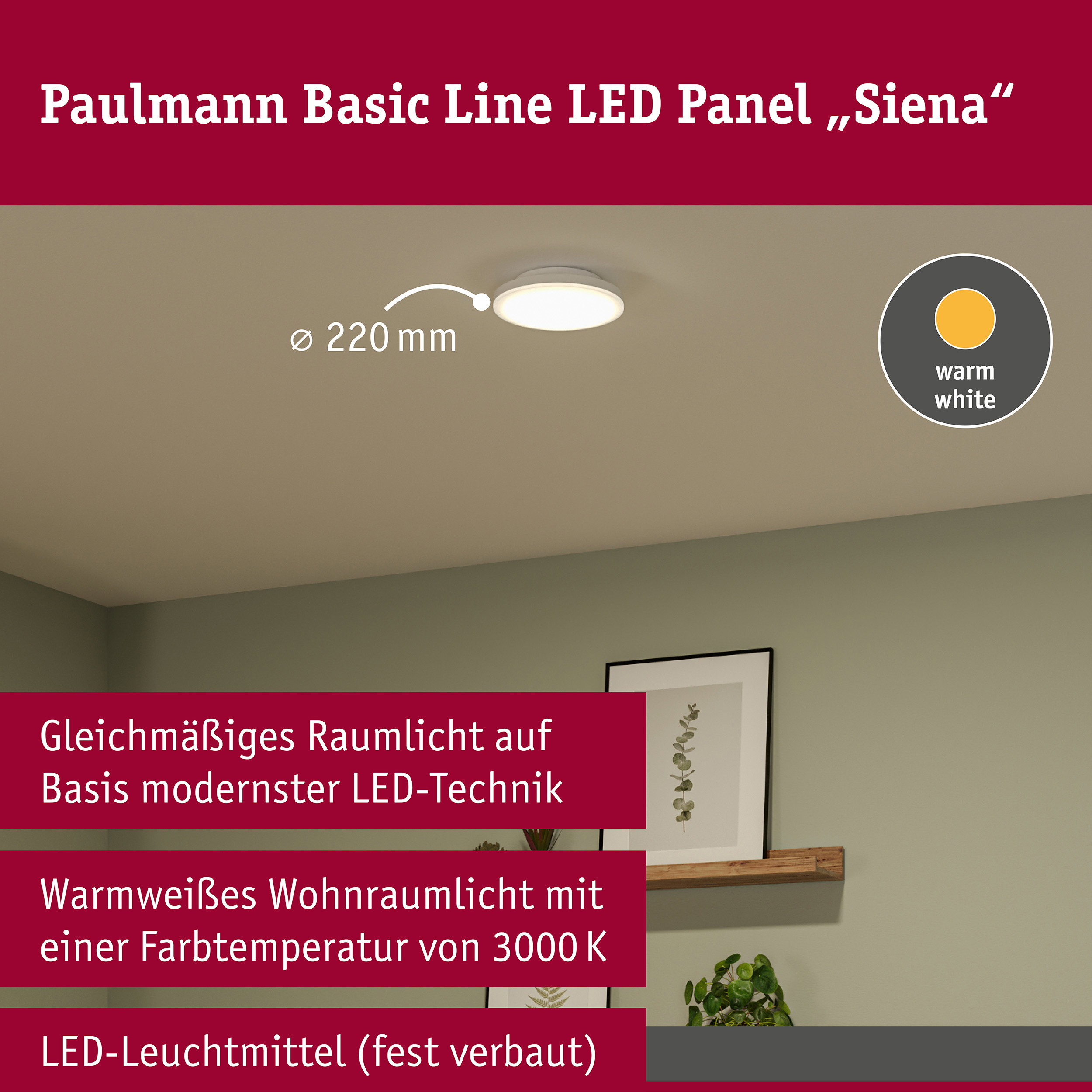 LED Deckenleuchte Siena 3000K 220mm 1000lm 230V 12,3W