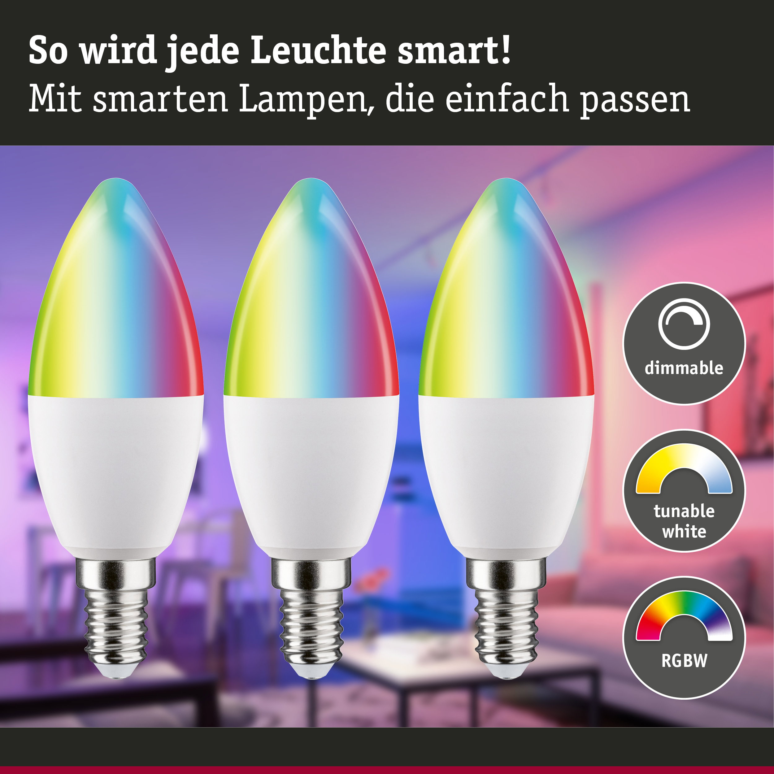 Drei smarte LED-Lampen mit RGBW-Farbwechsel und dimmbarer, einstellbarer Weißlichtfunktion