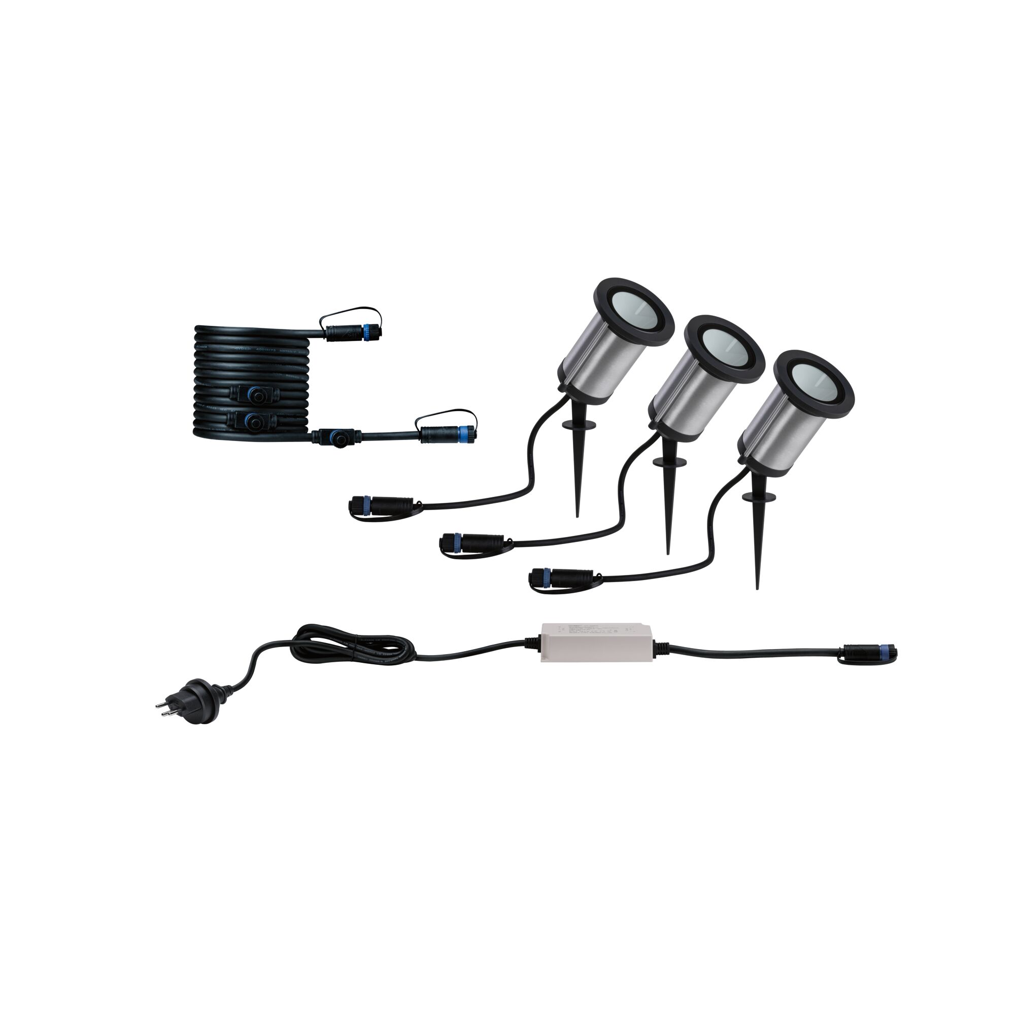 Set of three stainless steel garden spotlights with cables for outdoor lighting and plug.