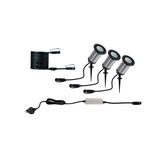 Set of three stainless steel garden spotlights with cables for outdoor lighting and plug.