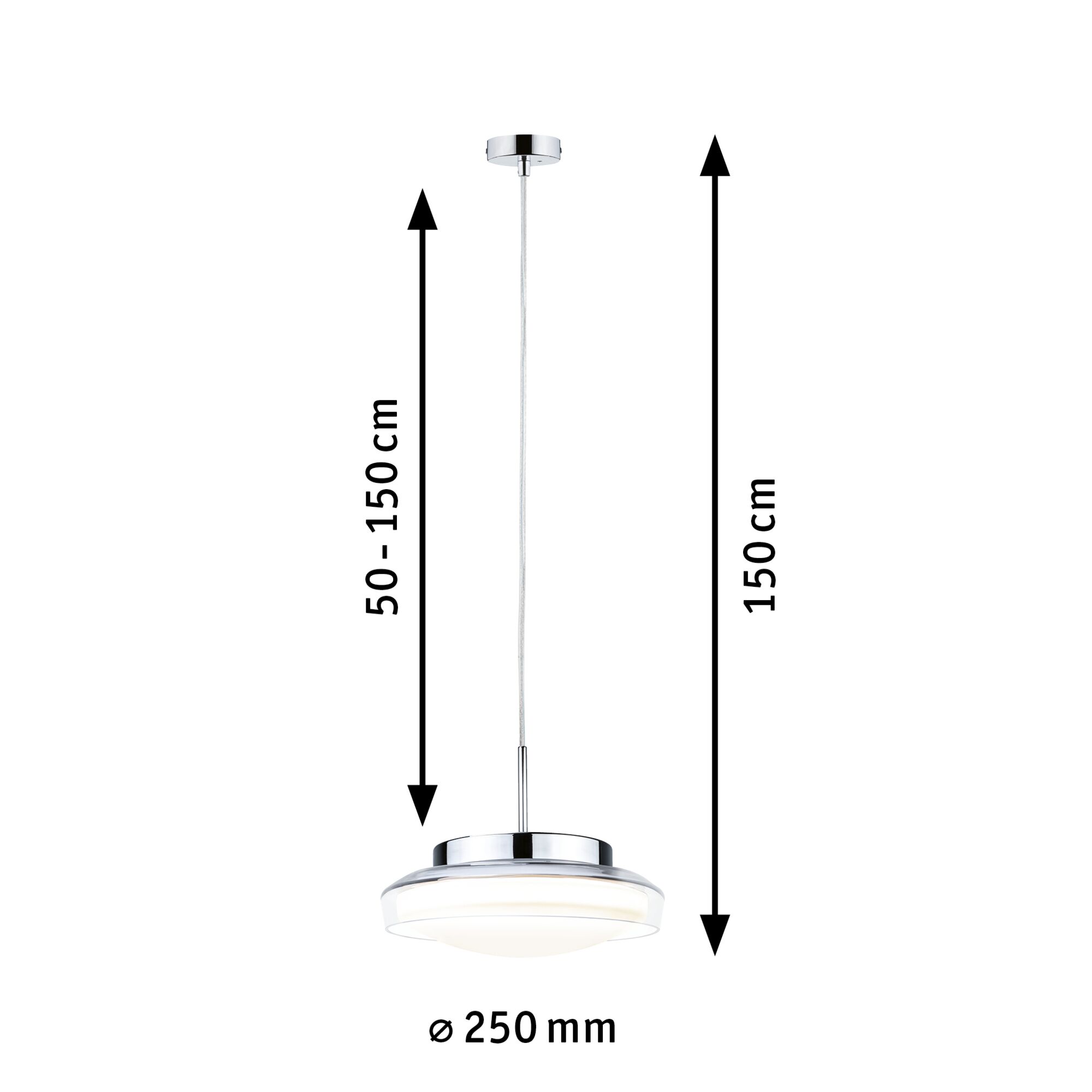 Pendant lamp with adjustable length 50-150 cm, chrome and white diffuser, modern LED ceiling light