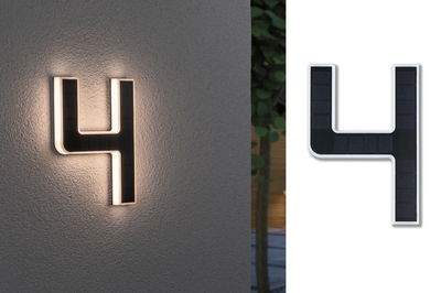 Solar-powered house number 4 with LED lighting in black and white for outdoor walls.