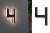 Solarbetriebene Hausnummer 4 mit LED-Beleuchtung in Schwarz-Weiß für Außenwände.
