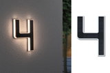 Solarbetriebene Hausnummer 4 mit LED-Beleuchtung in Schwarz-Weiß für Außenwände.