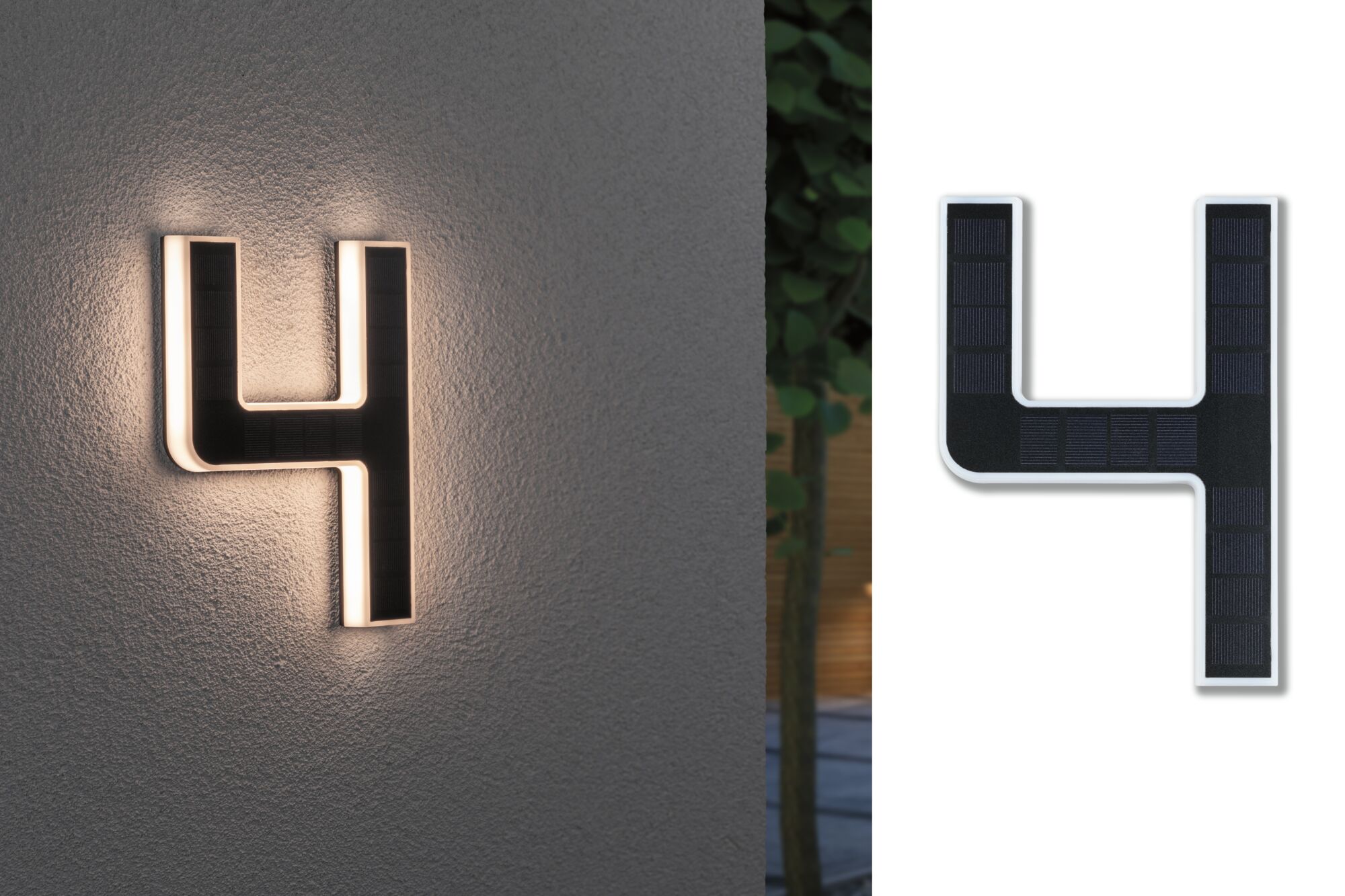 Solar LED-huisnummerverlichting incl. verwisselbare accu Nummer 4 IP44 3000K 6lm Zwart Zonne-energie huisnummer 4 in zwart met witte LED-verlichting voor buitenmuren