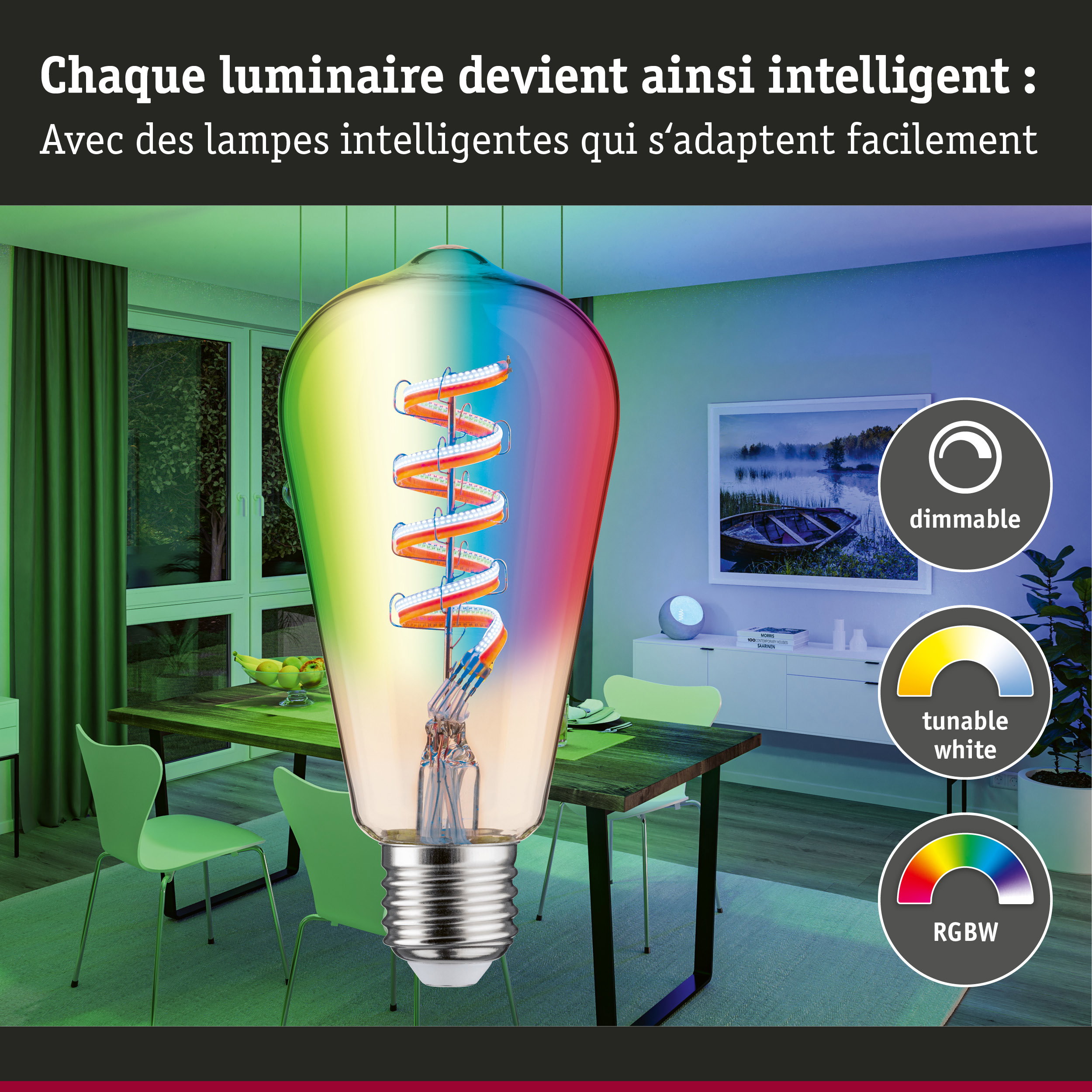 Ampoule LED colorée avec filament en spirale dans salle à manger moderne, dimmable et contrôle RGBW
