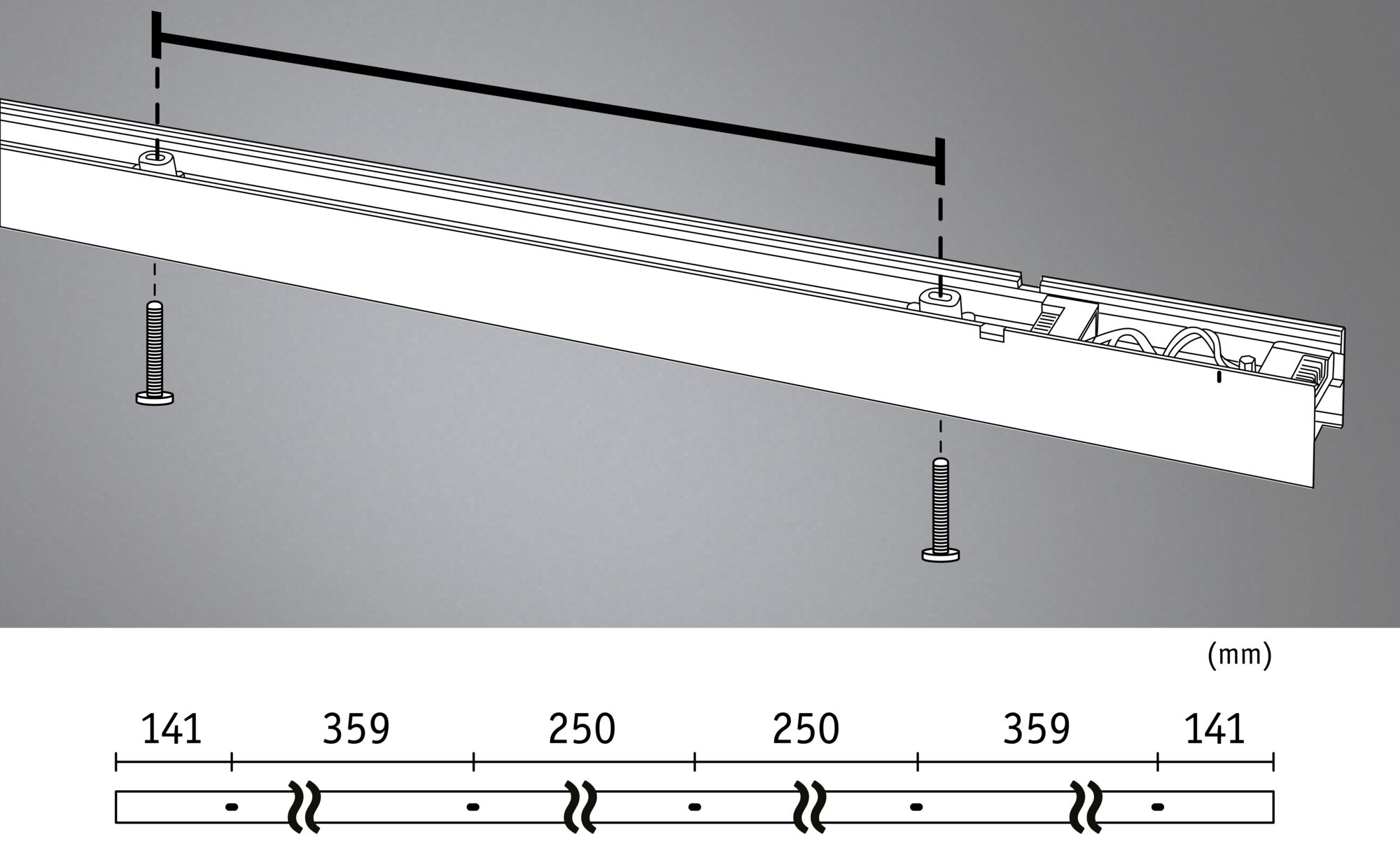Technical drawing of white aluminum rail with screws and millimeter measurements for LED lighting installation.