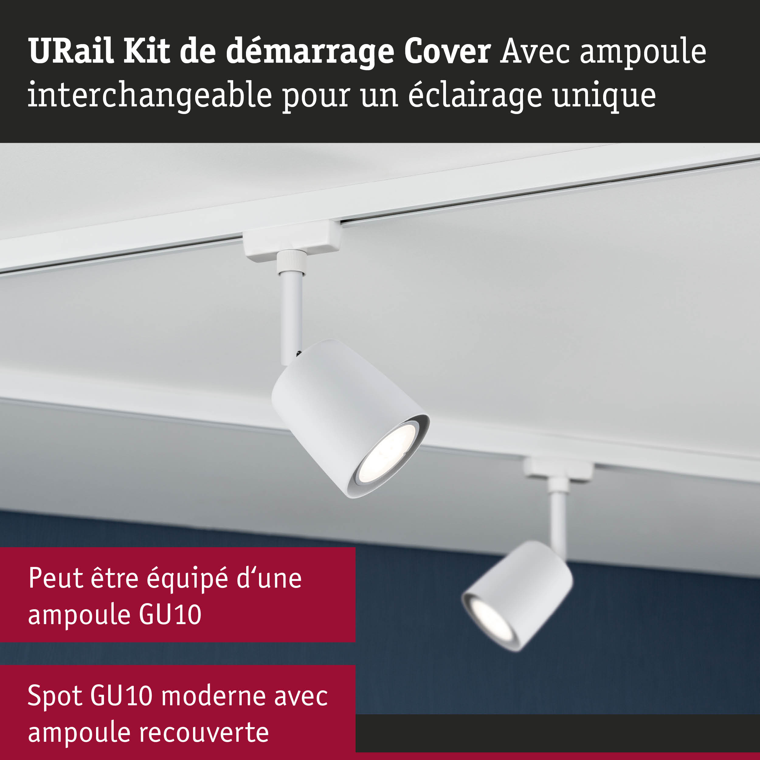 Spot moderne blanc GU10 avec ampoule interchangeable sur rail blanc pour éclairage personnalisé