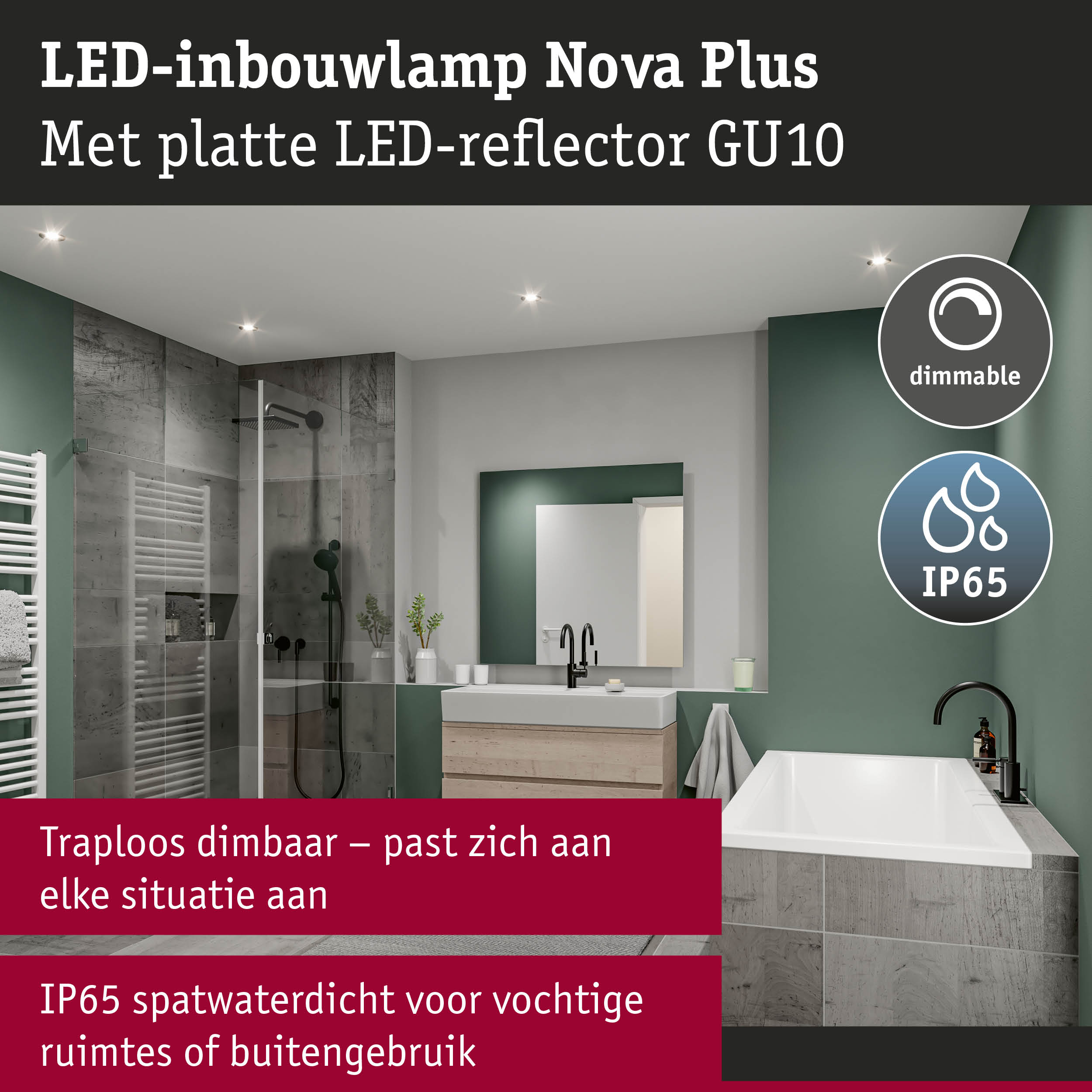 LED-inbouwlamp Nova Plus met platte LED-reflector GU10, dimbaar en IP65 spatwaterdicht voor vochtige ruimtes