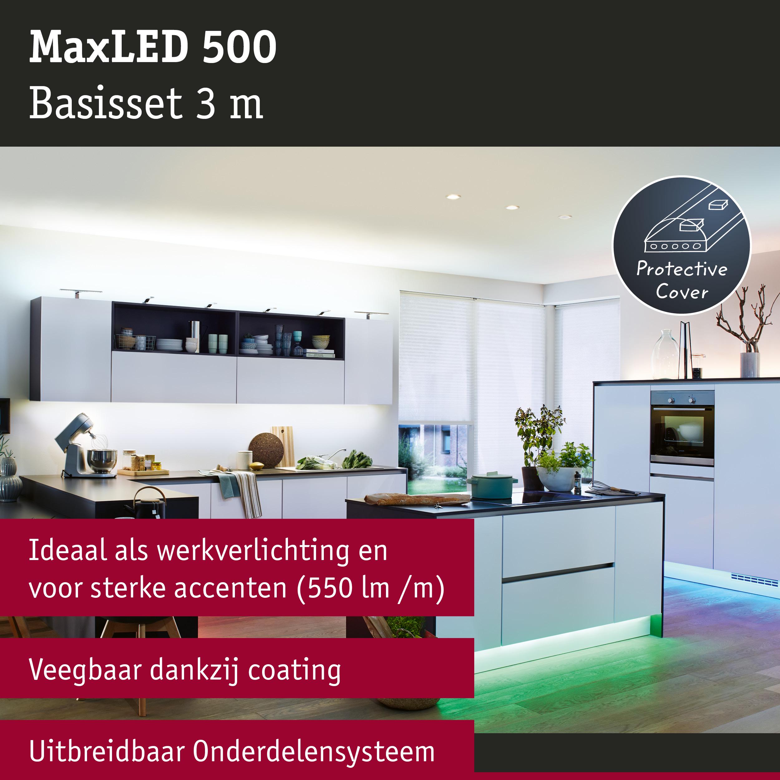 Moderne keuken met MaxLED 500 LED-basisset 3 m voor werk- en accentverlichting in wit