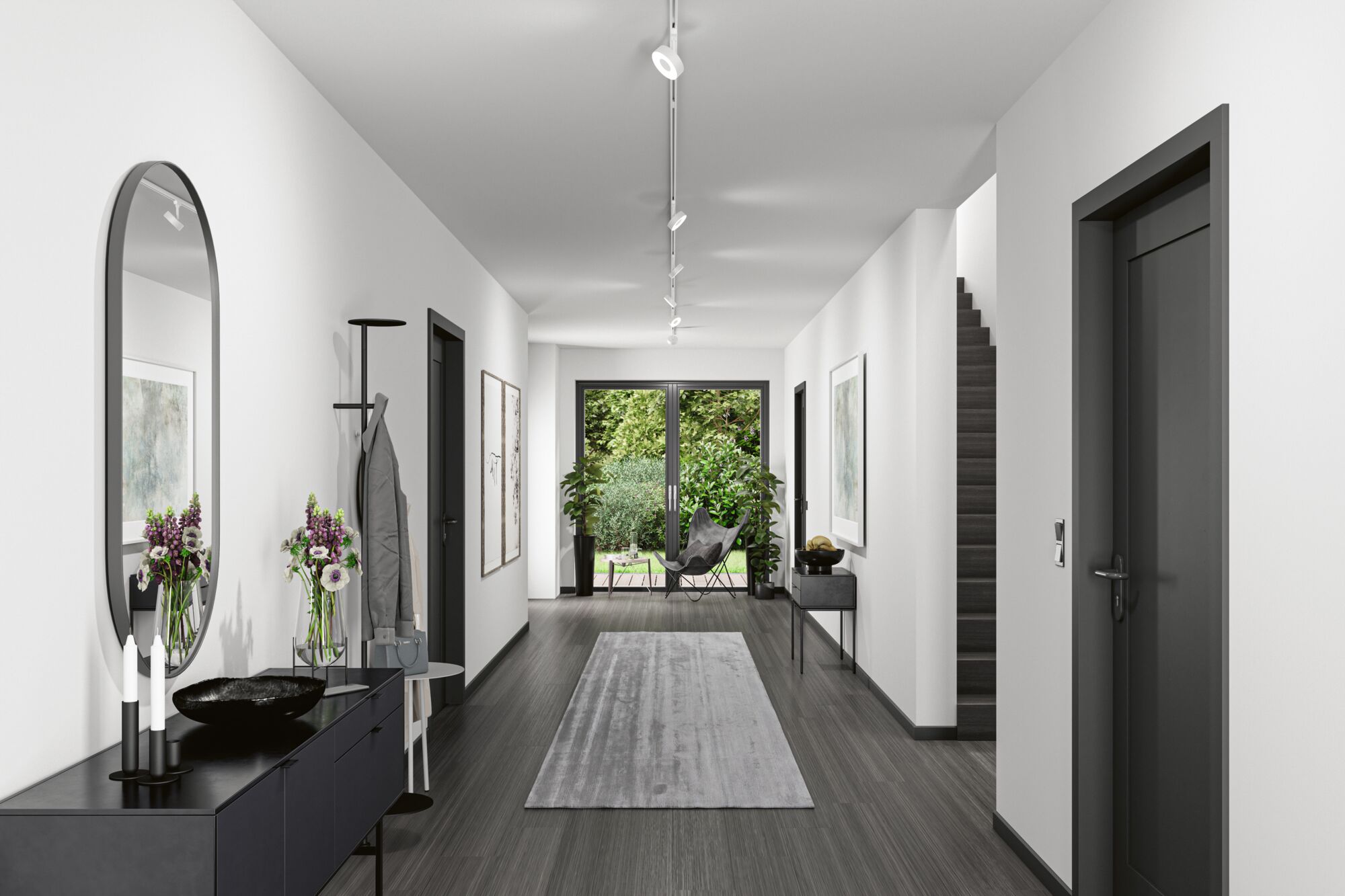 Moderner Flur mit weißen Wänden, grauem Boden, schwarzer Garderobe und Deckenstrahlern für Wohnraumbeleuchtung
