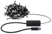 Schwarze LED-Lichterkette mit warmweißen Lichtern und Anschlusskabel für Innen- und Außenbeleuchtung