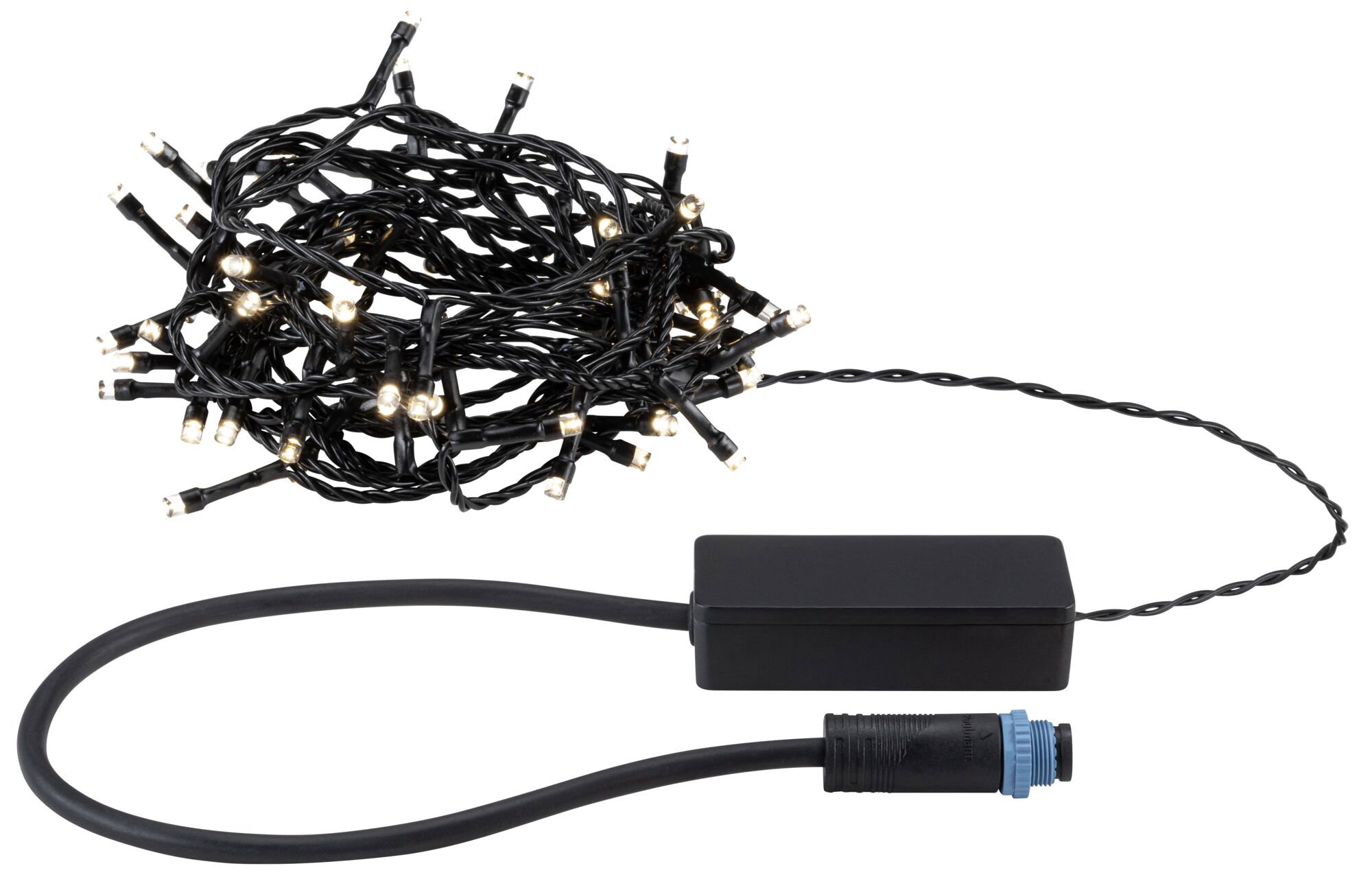 Schwarze LED-Lichterkette mit warmweißen Lichtern und Anschlusskabel für Innen- und Außenbeleuchtung