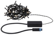Schwarze LED-Lichterkette mit warmweißen Lichtern und Anschlusskabel für Innen- und Außenbeleuchtung