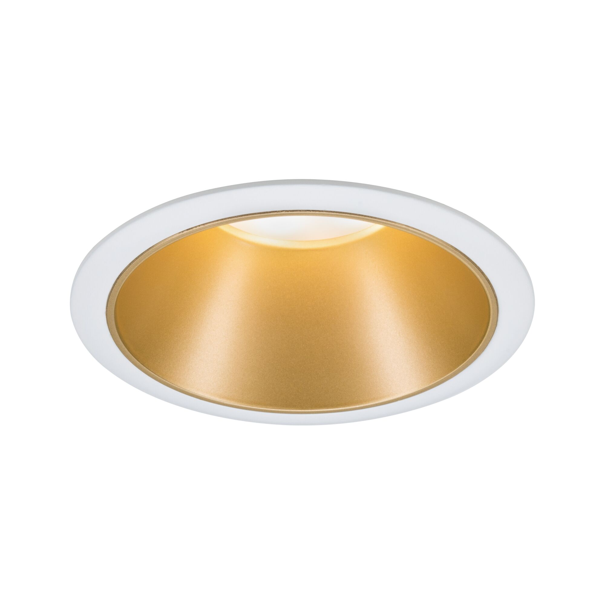 Round recessed LED downlight with white frame and gold reflector for modern interior lighting