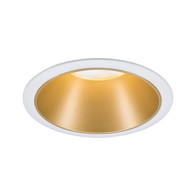 Round recessed LED downlight with white frame and gold reflector for modern interior lighting