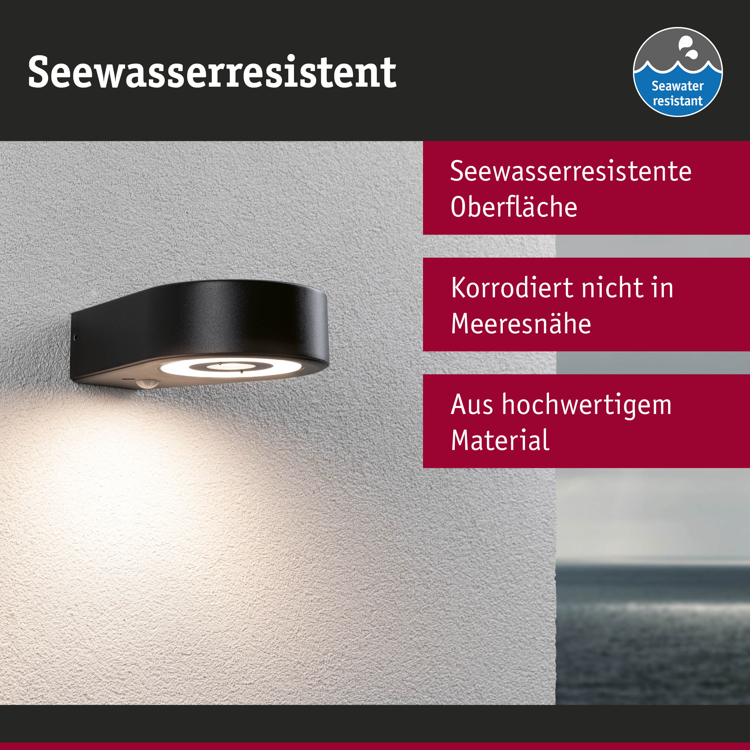 Schwarze Wandlampe mit seewasserresistenter Oberfläche aus hochwertigem Material für Außenbereiche