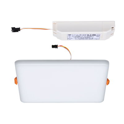 Rectangular white LED panel with integrated driver and connector cable for modern room lighting