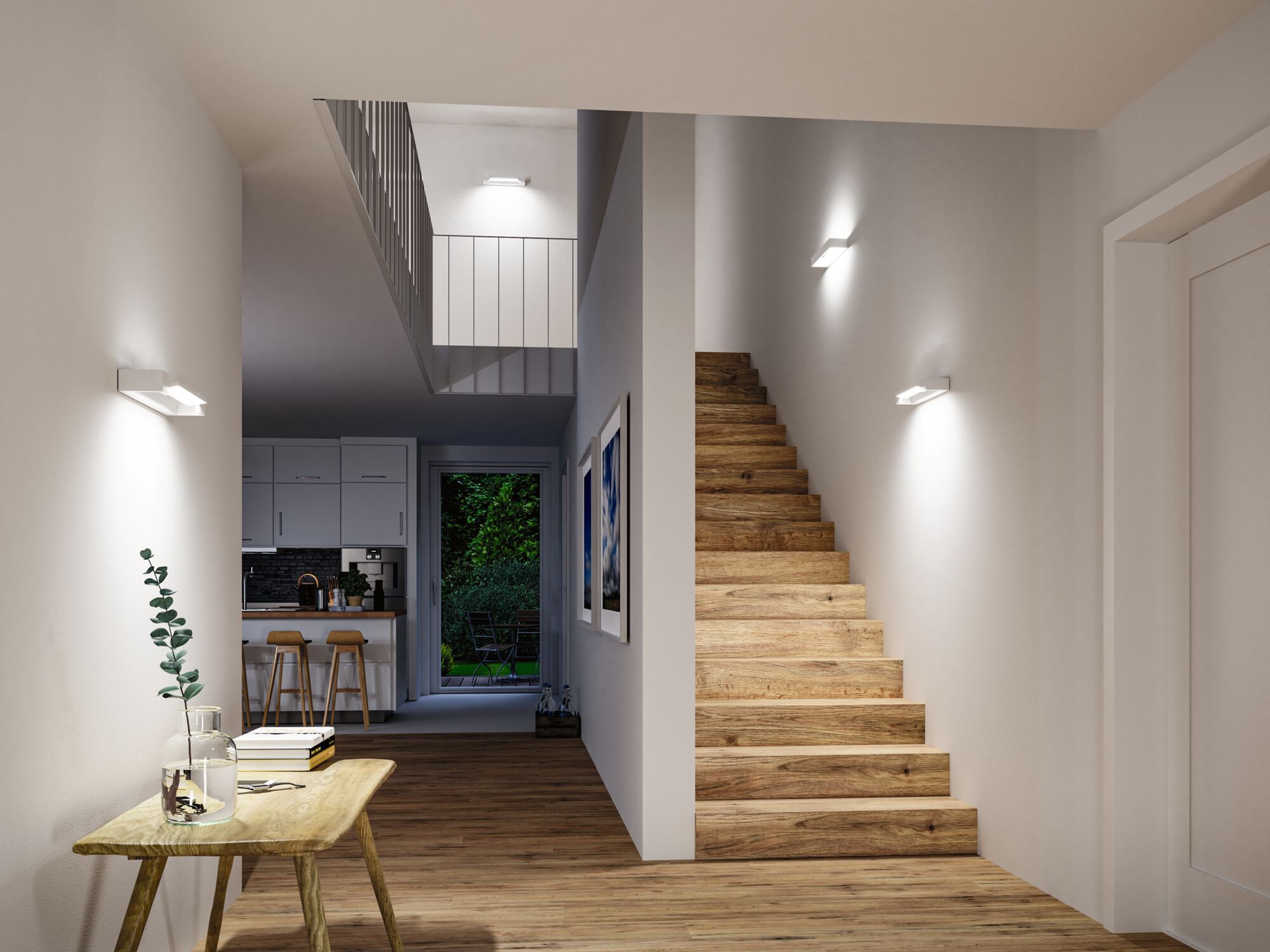 Modern hallway with wooden stairs and white wall lights providing ambient LED lighting indoors.