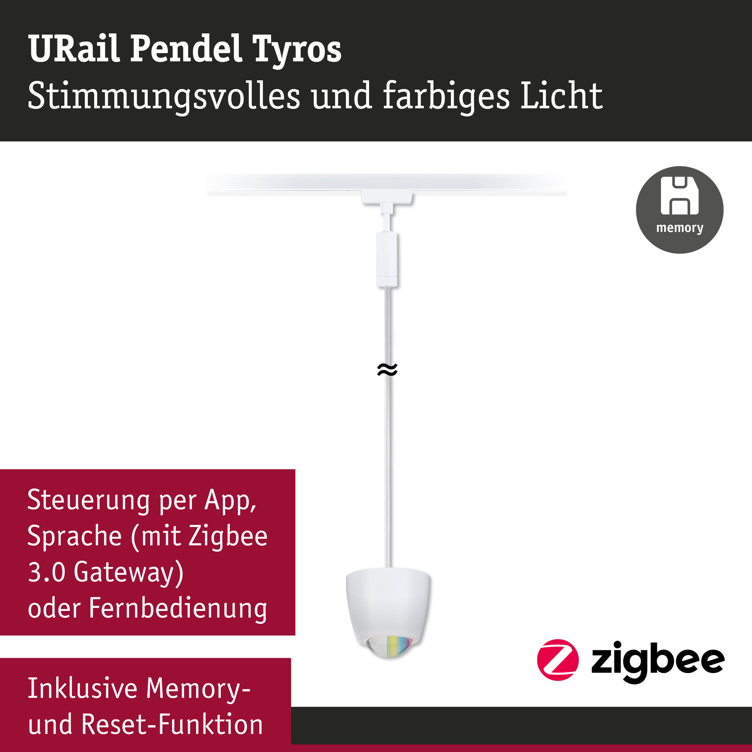 URail Pendel Tyros weiße Pendelleuchte mit farbigem Licht und Zigbee Steuerung per App