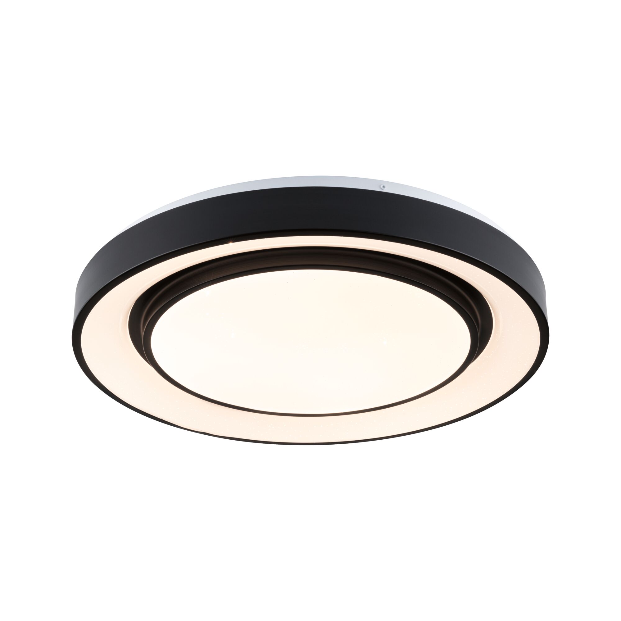 Rund LED-loftlampe med sort metalramme og varmt hvidt lys til moderne opholdsrum