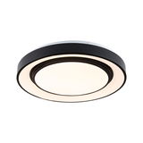 Rund LED-loftlampe med sort metalramme og varmt hvidt lys til moderne opholdsrum
