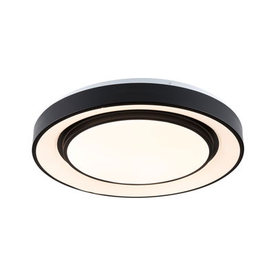 Rund LED-loftlampe med sort metalramme og varmt hvidt lys til moderne opholdsrum