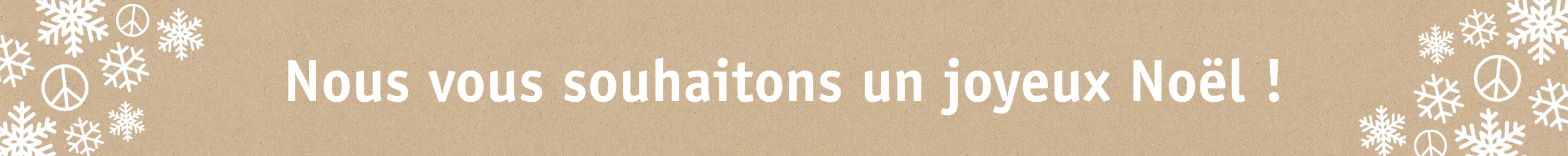 Message de Noël sur fond marron avec flocons de neige blancs et symboles de paix
