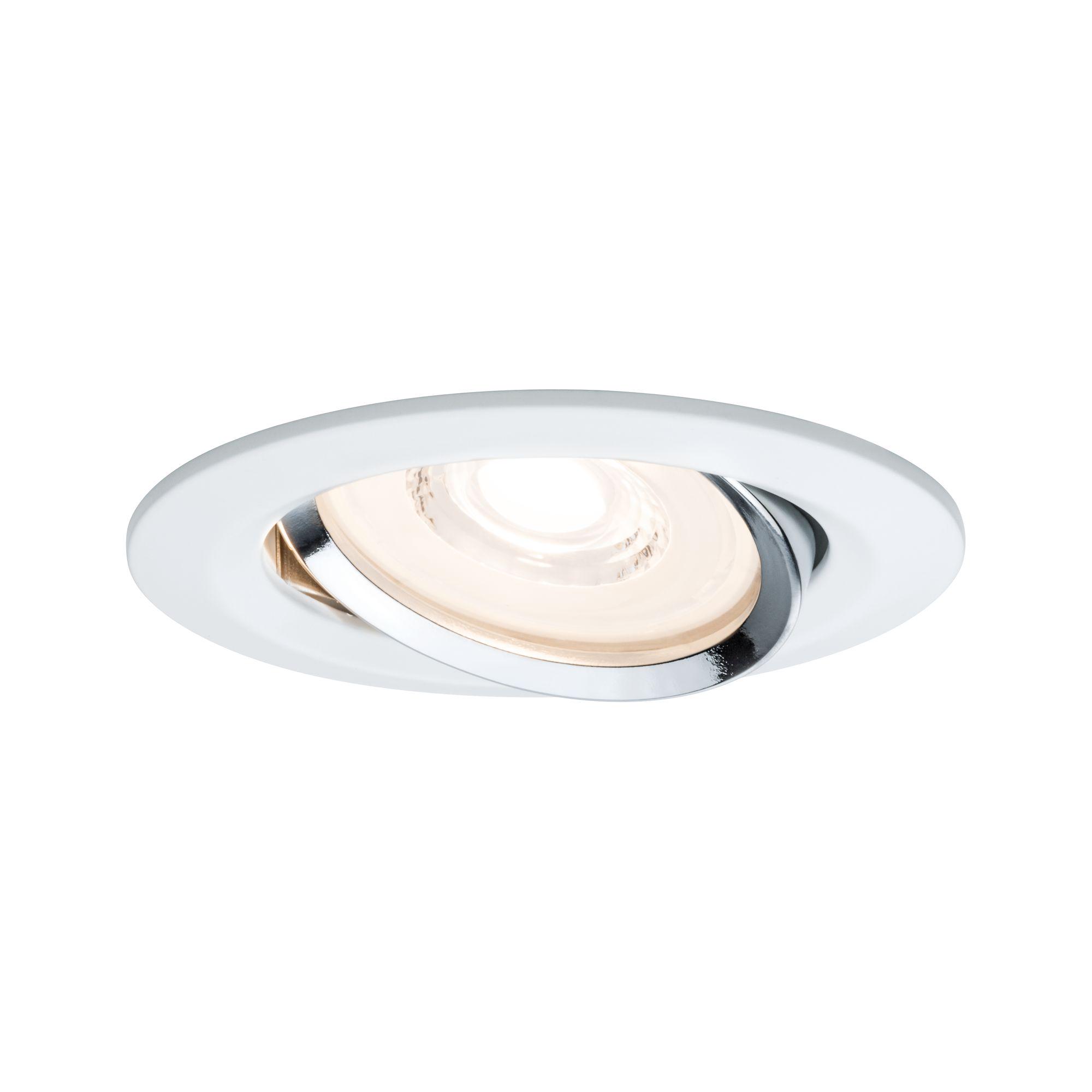 Round white recessed light with adjustable chrome ring for focused LED room lighting