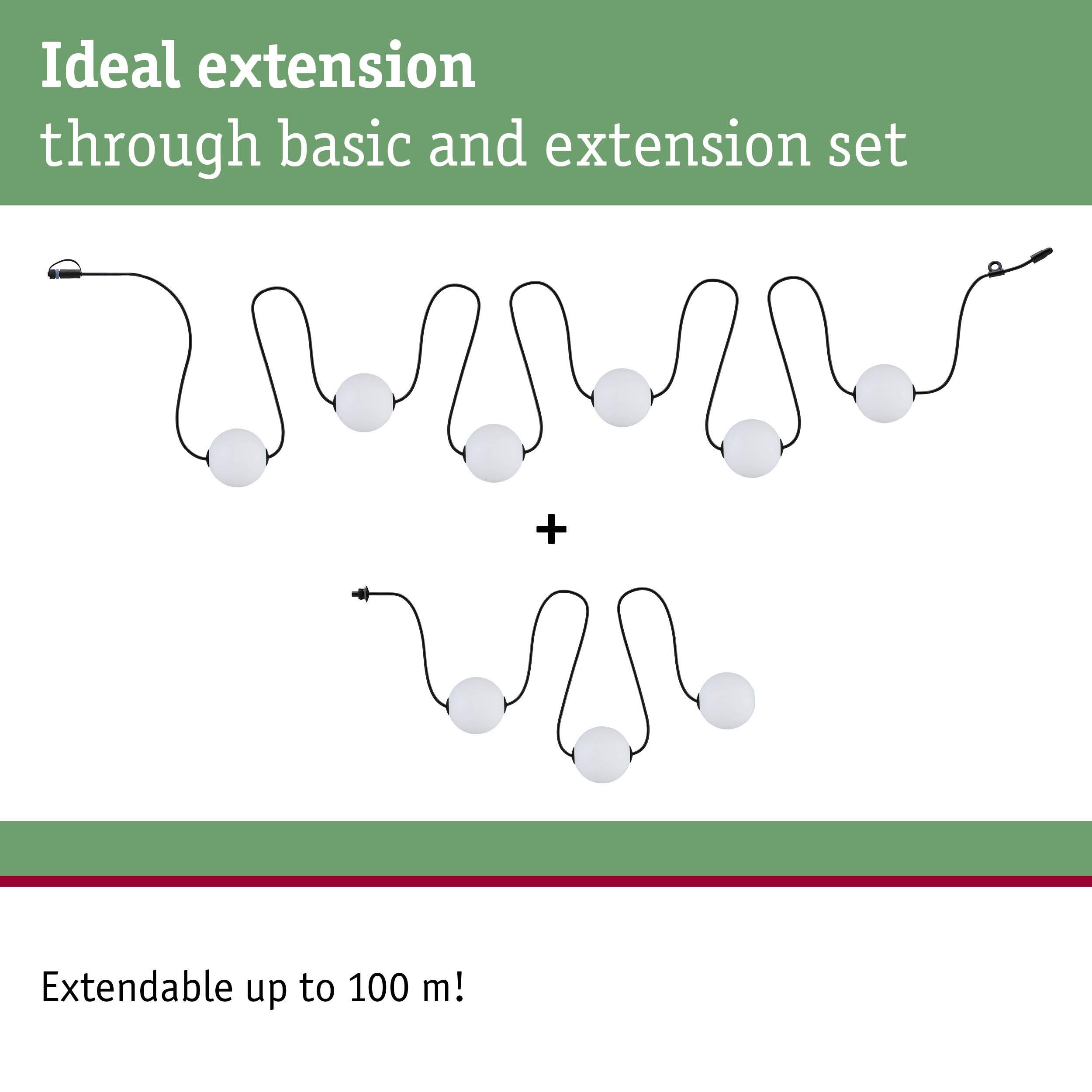 Extendable LED string lights with white globes and black cable, expandable up to 100 meters