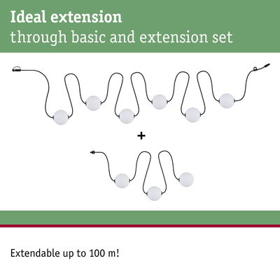 Extendable LED string lights with white globes and black cable, expandable up to 100 meters