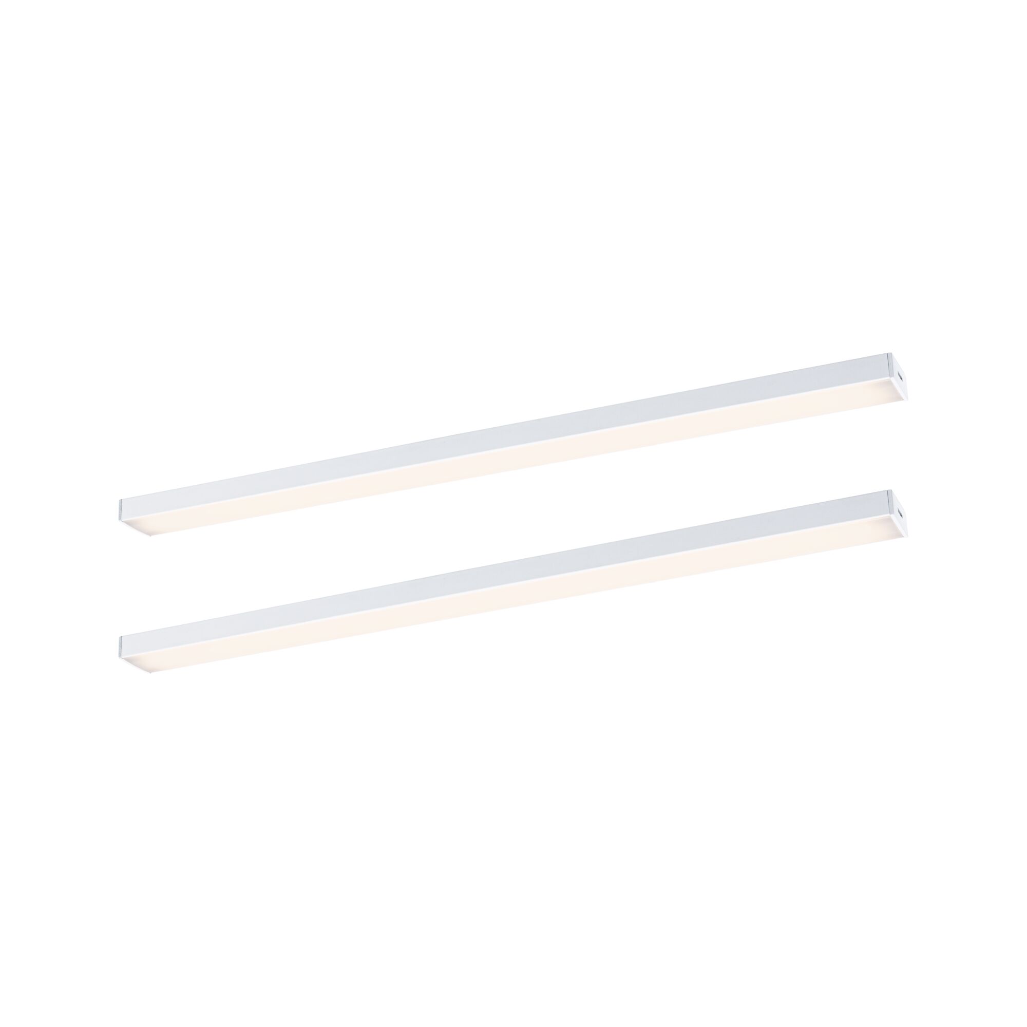 Oświetlenie podszafkowe LED Inline Zestaw przedłużający 3000K ściemnialny 2x4W 350x26mm 2x350lm 24V Biały mat Two white aluminum LED strips with warm white light for modern indoor lighting solutions