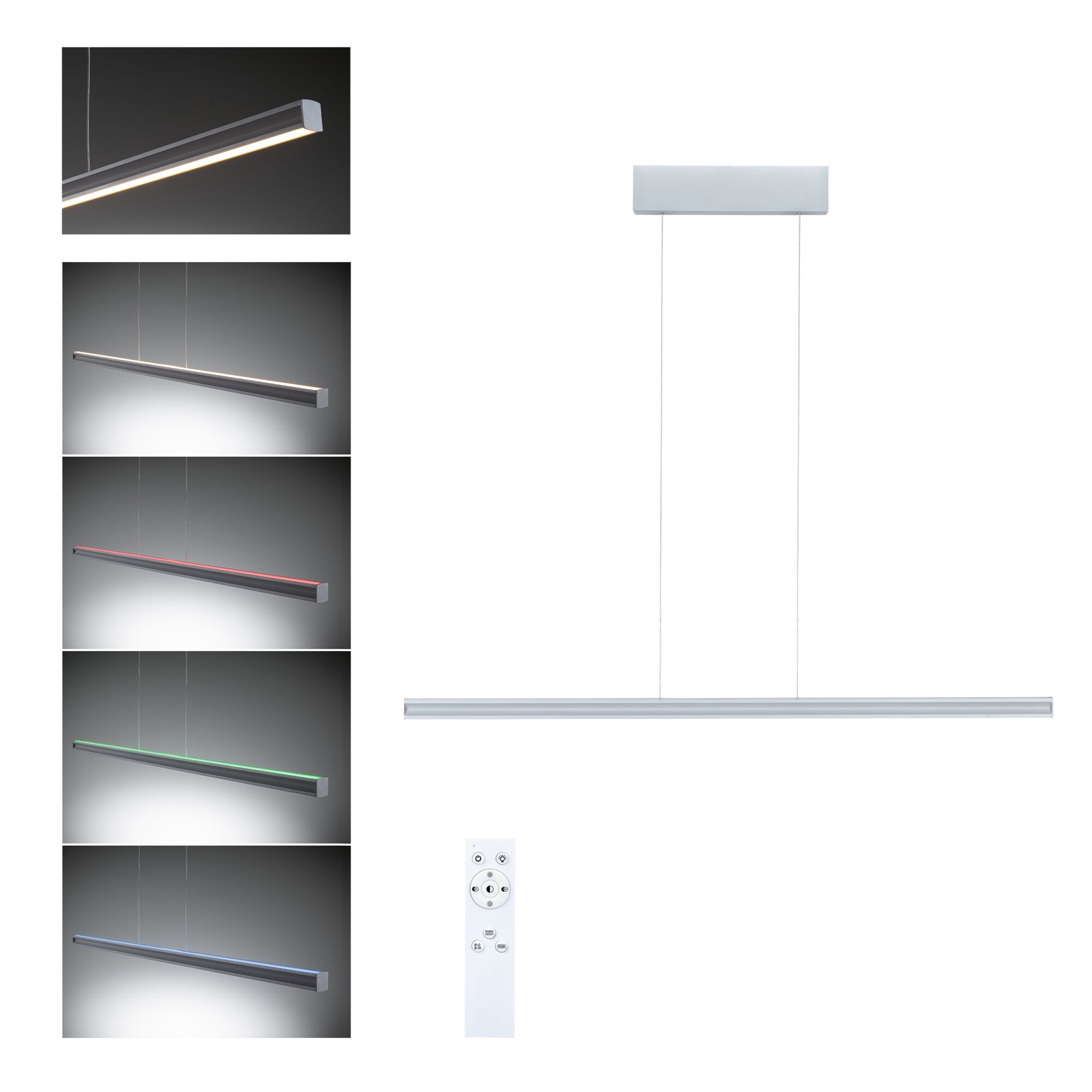 Modern white aluminum LED pendant light with remote control and color-changing feature for living spaces