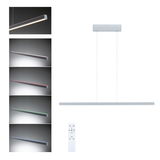 Modern white aluminum LED pendant light with remote control and color-changing feature for living spaces