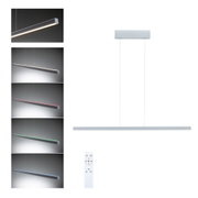 Modern white aluminum LED pendant light with remote control and color-changing feature for living spaces
