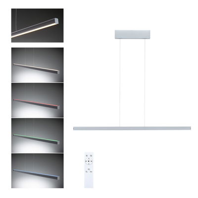 Modern white aluminum LED pendant light with remote control and color-changing feature for living spaces