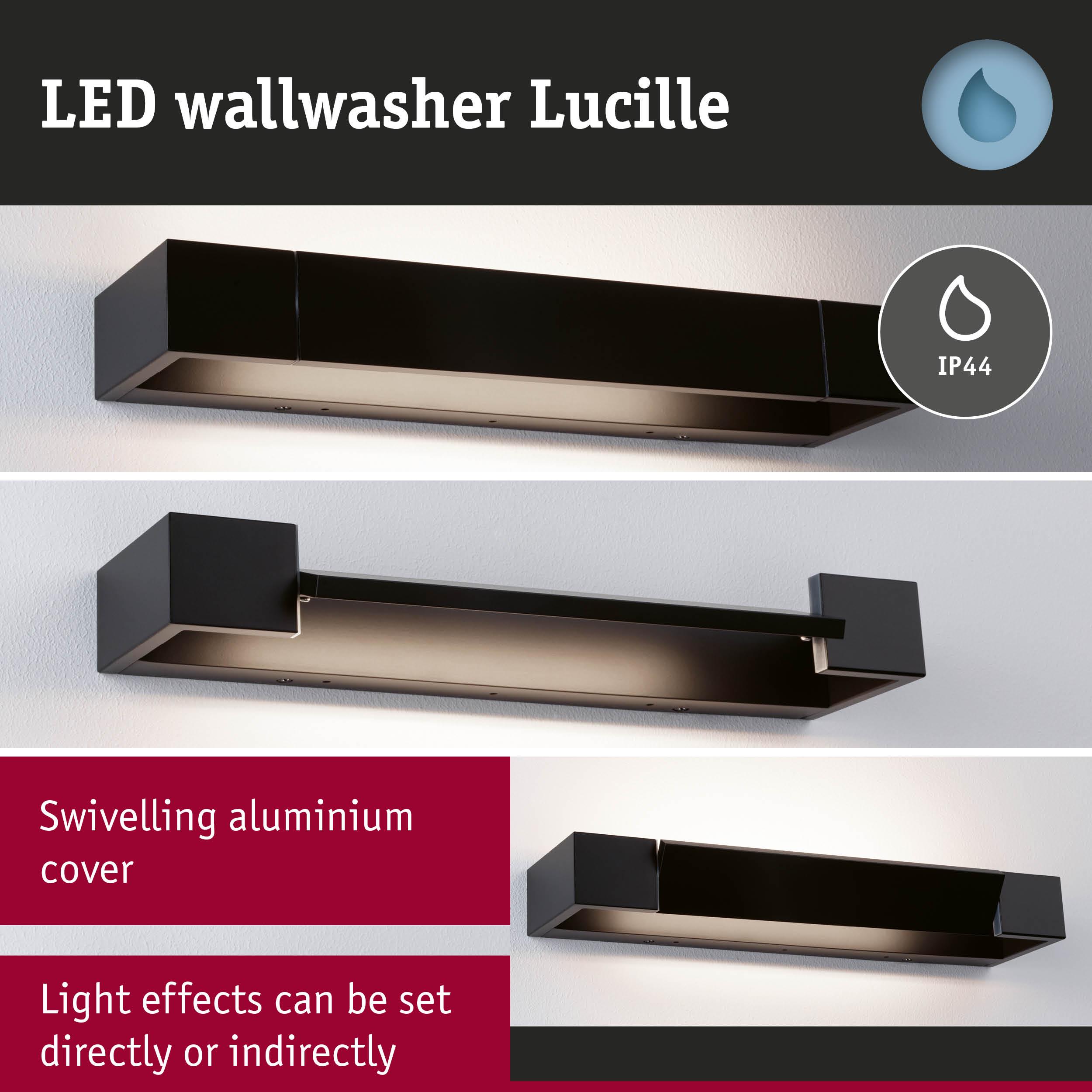 Black LED wallwasher Lucille with swivelling aluminium cover and IP44 rating for adjustable direct or indirect lighting