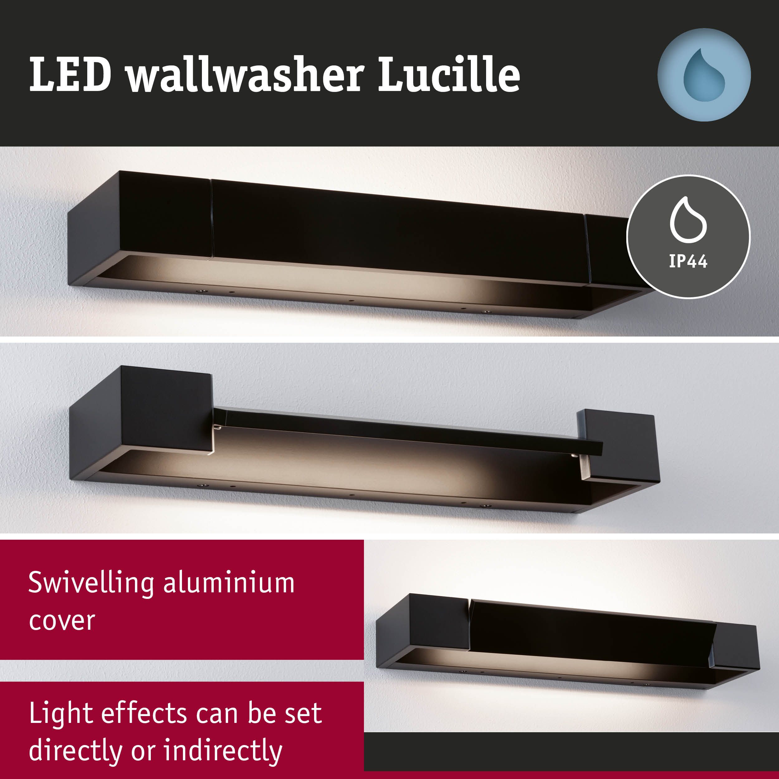 Black aluminium LED wallwasher Lucille with IP44 rating for adjustable direct or indirect lighting