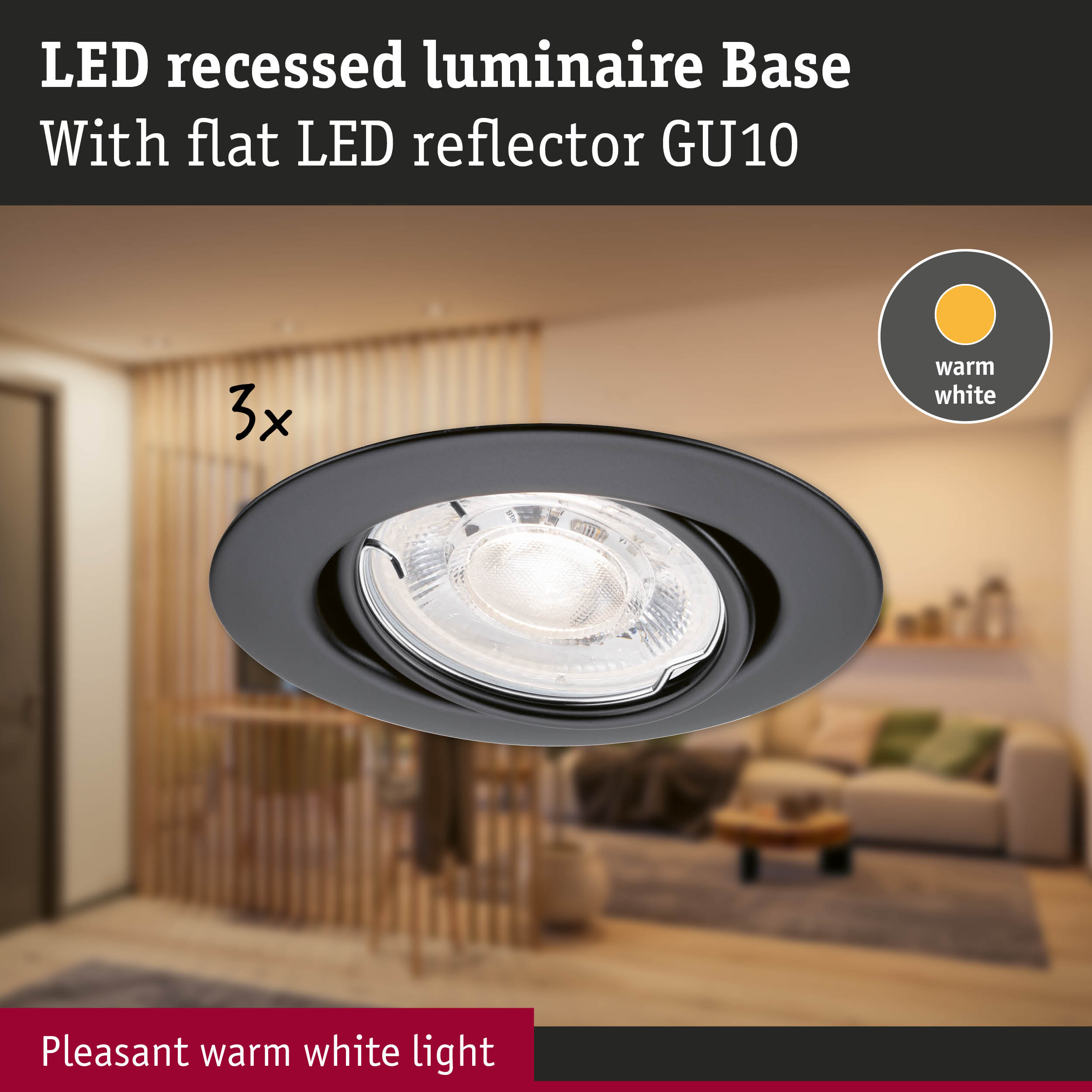 Black LED recessed luminaire with flat LED reflector GU10 and warm white light for living rooms