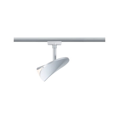 Silver metal LED spotlight on track system, modern adjustable spot for versatile room lighting