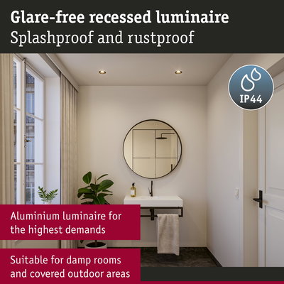 Glare-free white aluminium recessed luminaire, splashproof and rustproof, perfect for damp rooms and outdoor use
