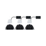 Three black square LED recessed spotlights with white LED modules and cables for modern indoor lighting