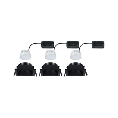 Three black square LED recessed spotlights with white LED modules and cables for modern indoor lighting