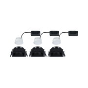 Drei schwarze eckige LED-Einbaustrahler mit weißen LED-Modulen und Kabeln für moderne Innenbeleuchtung