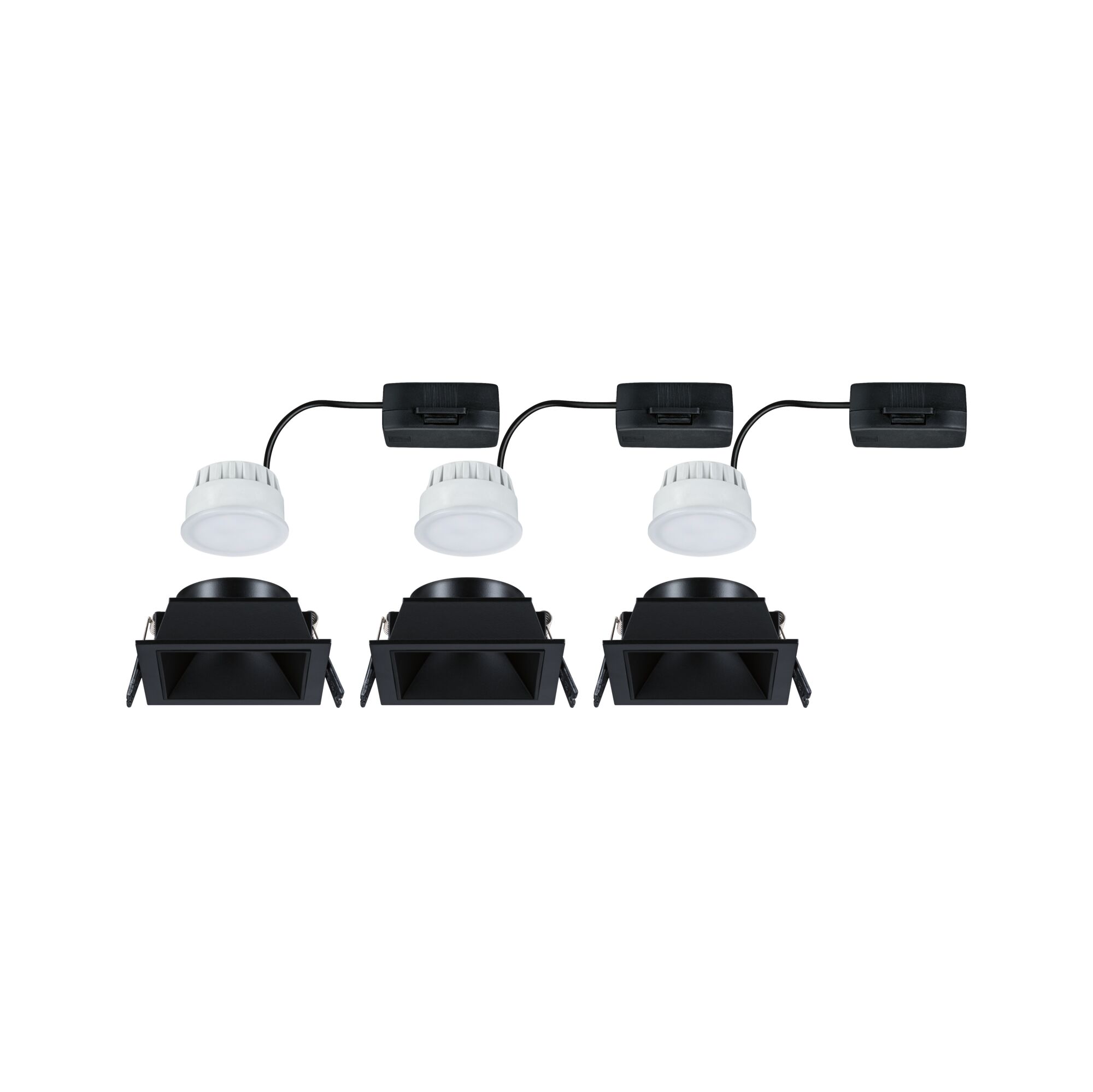 Drei schwarze eckige LED-Einbaustrahler mit weißen LED-Modulen und Kabeln für moderne Innenbeleuchtung