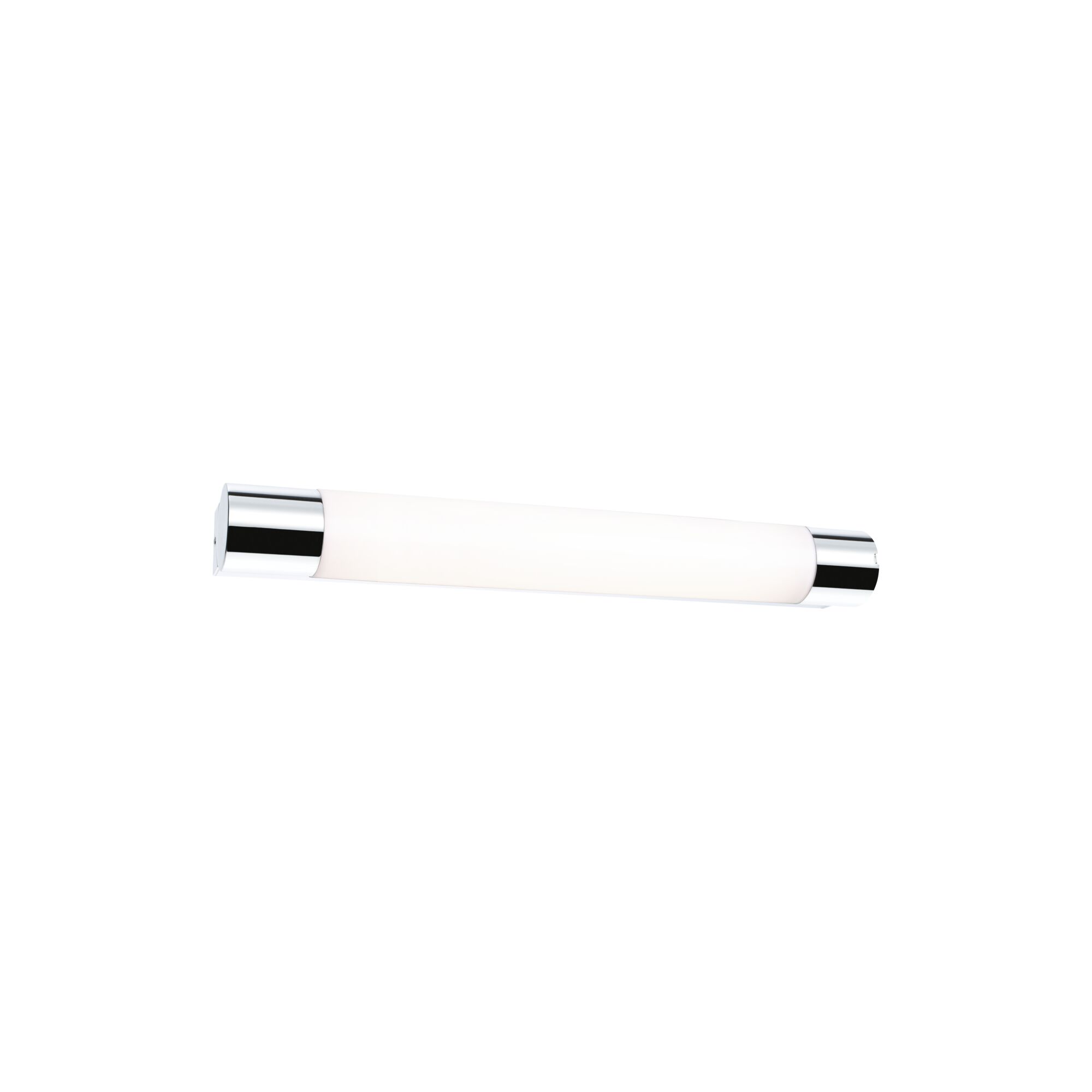 Applique miroir LED chromée avec câble transparent fixée sur mur blanc pour éclairage salle de bain