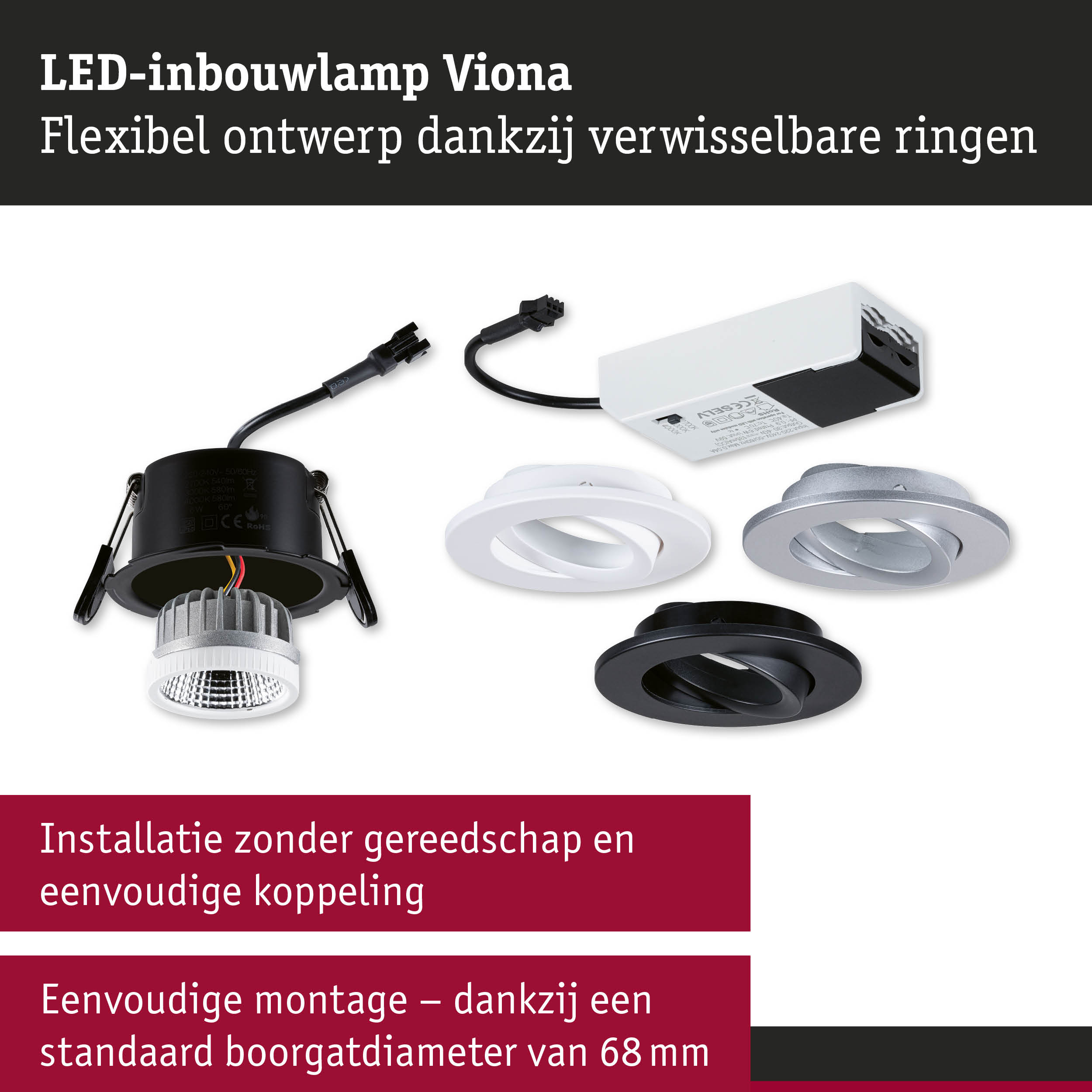 LED-inbouwlamp Viona met flexibel ontwerp en verwisselbare ringen in zwart, wit en zilver