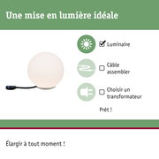 Lampe ronde blanche avec câble sur fond vert, instructions d’éclairage en français