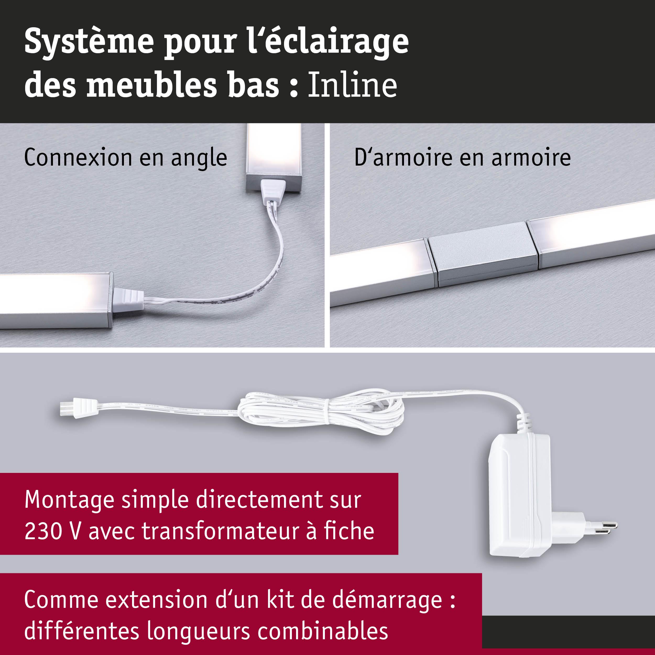 Système d’éclairage LED pour meubles bas avec connexion en angle et d’armoire en armoire, câble blanc et transformateur